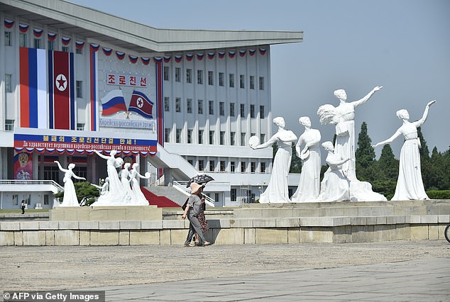 The national flags of North Korea and Russia are displayed in Pyongyang in June ahead of Russian President Vladimir Putin's summit with North Korean leader Kim Jong Un