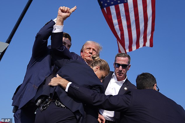 The former US president (pictured) miraculously survived after shots were fired by a would-be assassin at a rally in Butler, Pennsylvania on July 14