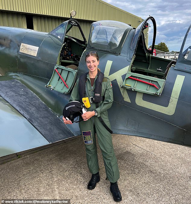 Katherine said one of the things that surprised her about becoming a pilot was the lack of female representation in the aviation industry. She is pictured above next to a Spitfire she had the chance to fly