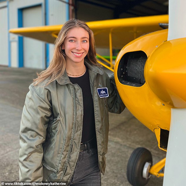 In the UK, less than five percent of pilots are women, which Katherine described as a 'staggering statistic'. Katherine is pictured next to the Piper Super Cub monoplane