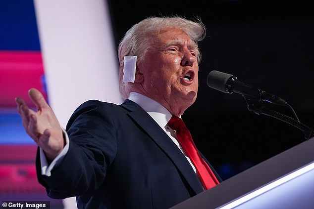 Trump wore a white bandage on the right side of his head last week during the Republican National Convention after a bullet grazed his ear during an assassination attempt at his rally in Butler, Pennsylvania on July 13.