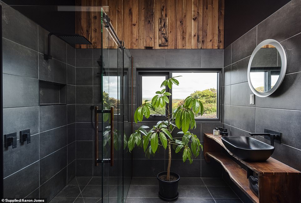 The spa-like bathroom offers beautiful views and natural wood features