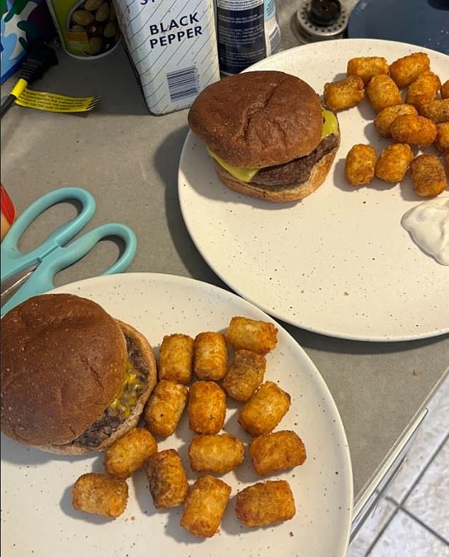 My fiancé's regular beef burger with cheddar on the left, and my Beyond patty with Violife 'cheese' on the right (plus Hidden's Valley plant-based ranch dressing)