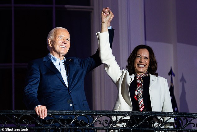 President Joe Biden, left, and U.S. Vice President Kamala Harris on the Truman Balcony of the White House in Washington, DC