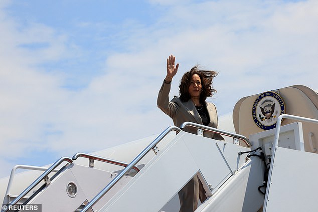 US Vice President Kamala Harris boards Air Force Two as she departs on a campaign trip to North Carolina