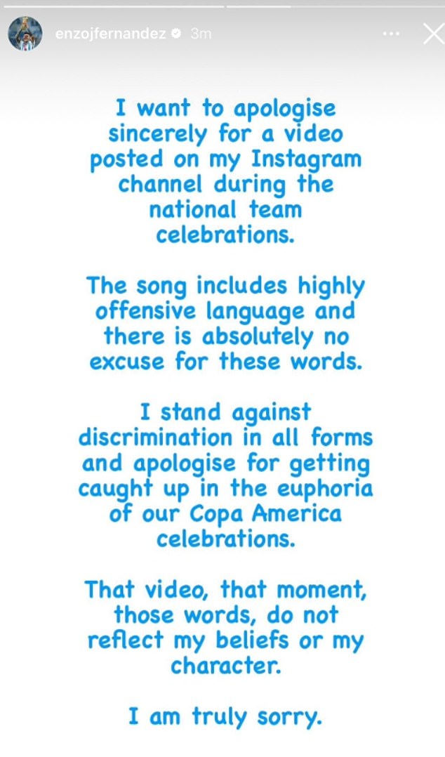 Fernandez previously posted his apologies on social media after Argentina's Copa America victory