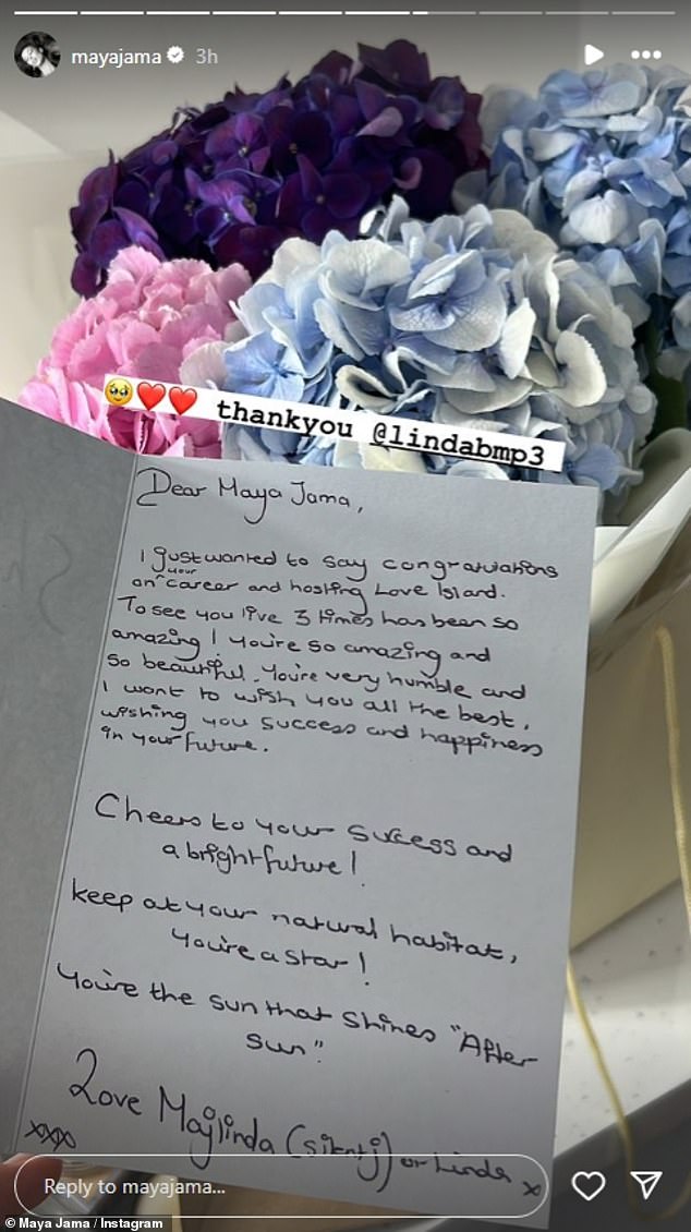 The former Celebrity Juice star then shared a photo of flowers and a card sent to her dressing room