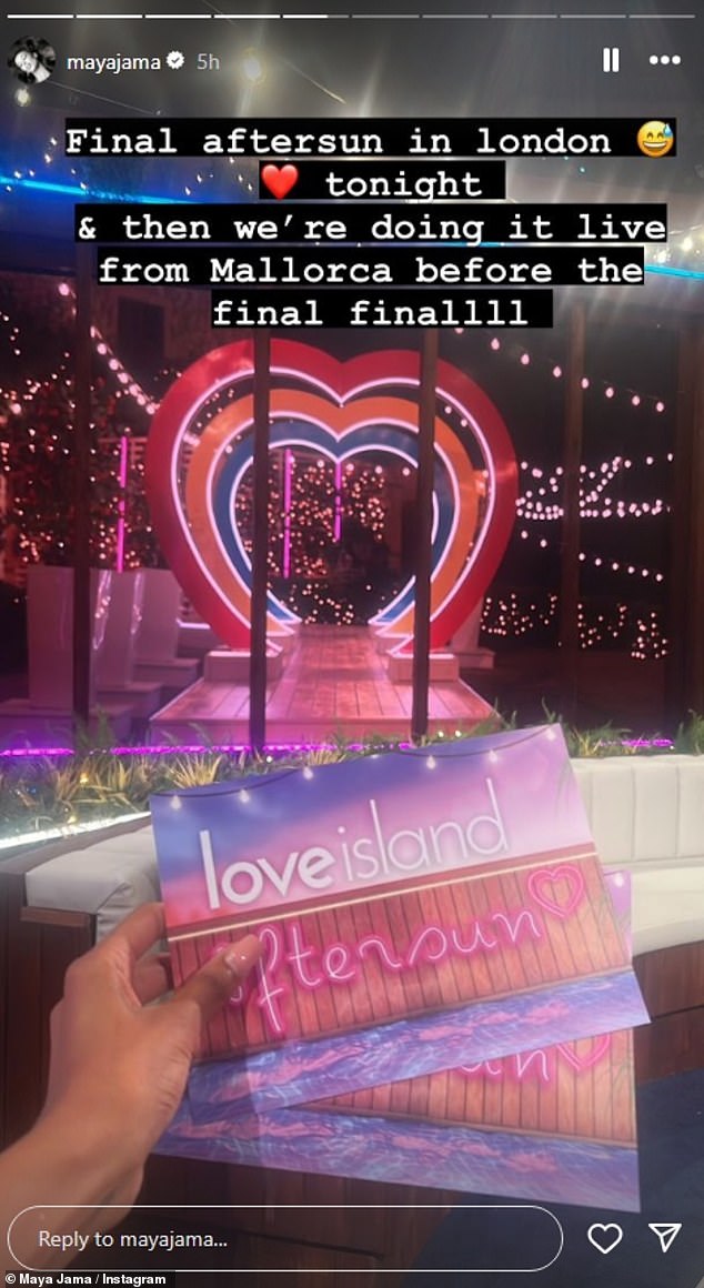 A few hours before going live, Maya shared a snap from the set, writing: 'Last aftersun tonight in London and then we do it live from Mallorca for the final finale'(sic)