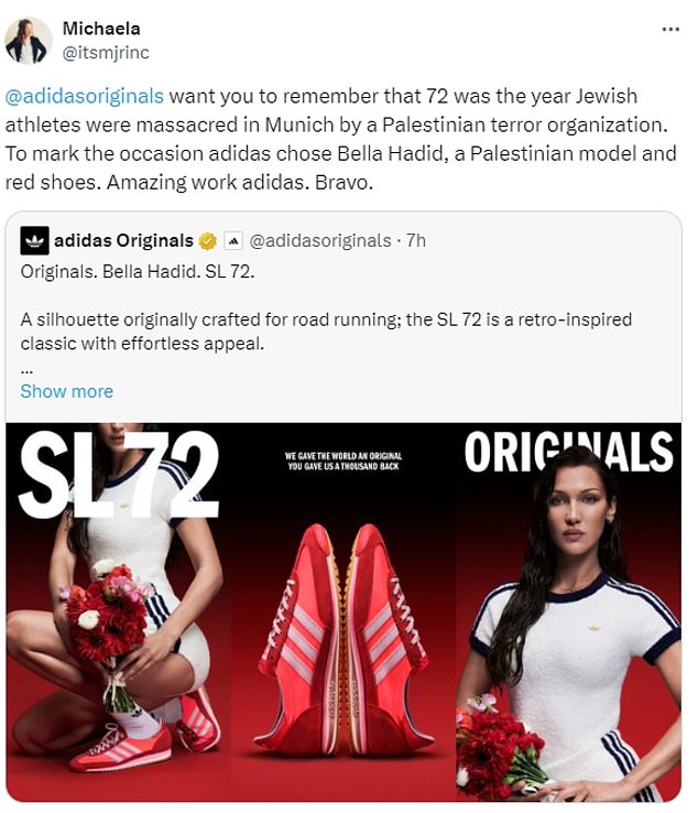 Last week, the German sportswear brand removed its ad, which starred 27-year-old Bella and referenced the 1972 Munich Olympics, after fans took to social media to express their anger over the killing of 11 Israeli athletes.