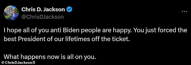 Chris D. Jackson, a Tennessee politician and outspoken defender of Biden on social media, lashed out at those who wanted the president to resign