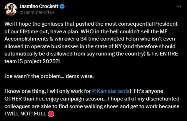 Jasmine Crockett, a Texas congresswoman, also seemed bewildered by Biden's decision and those who wanted him gone