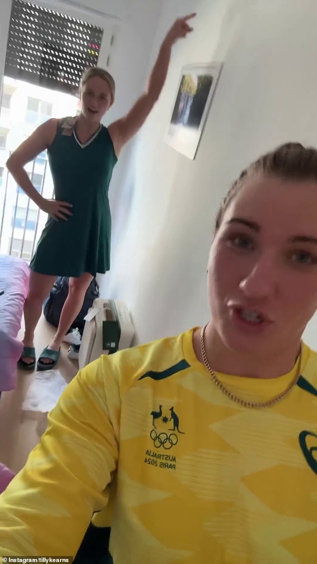 Not everything is a success, with water polo players Kearns (foreground) and her teammate Gabi Palm (background) making fun of the tennis dress they were given