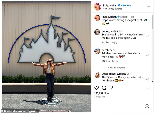 Lohan has been in promotional mode for the Freaky Friday sequel since the first day of filming on June 24, including this photo of her posing in front of the Disney logo