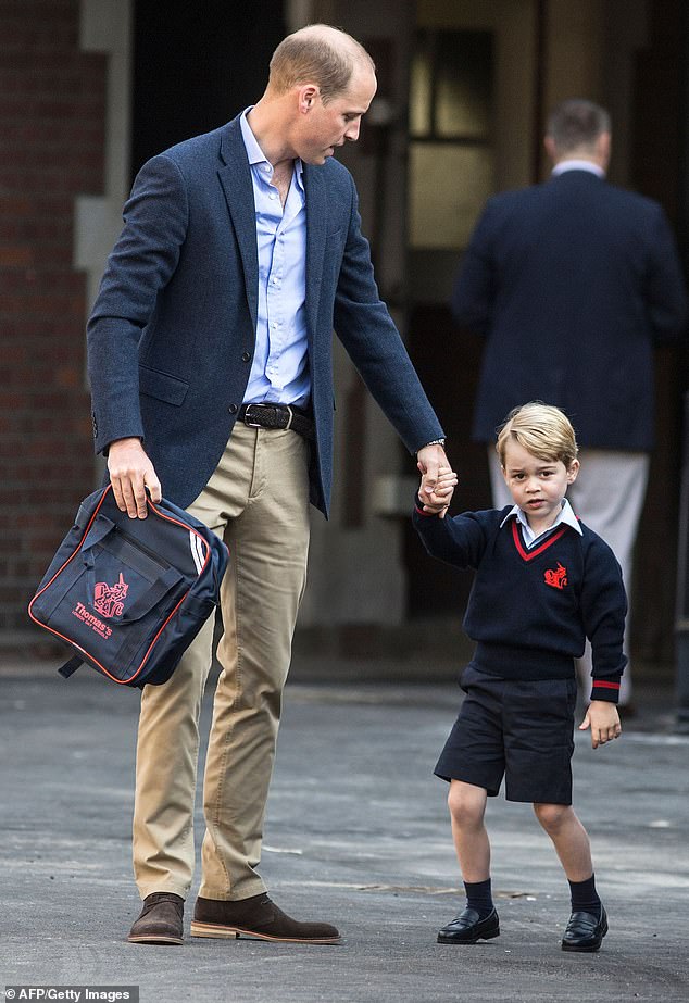 Four-year-old George walks into school with William for his first day at Thomas's in Battersea