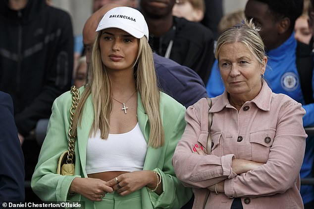 Jack Grealish's fiancée Attwood and his mother Karen Grealish watch as he is unveiled as Manchester City's newest signing in August 2021