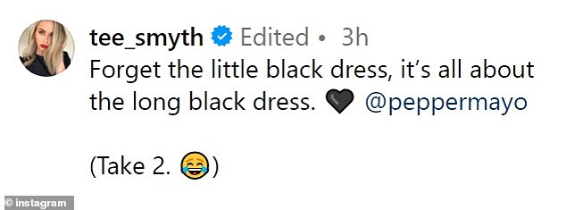 “Forget the little black dress, it’s all about the long black dress,” she wrote, adding “(Take 2)” next to a laughing emoji