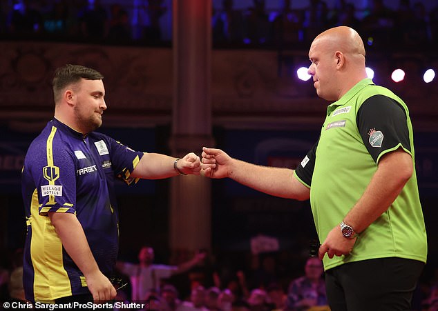 Littler lost 10-6 to three-time world champion Michael van Gerwen (right) last Monday