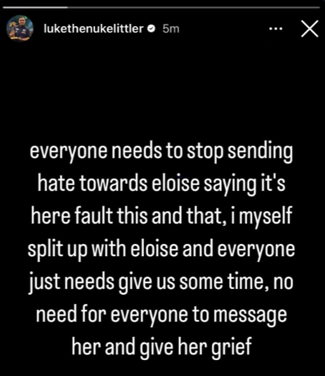 Luke 'The Nuke' Littler posted this story on his Instagram page, urging fans to stop causing Milburn grief