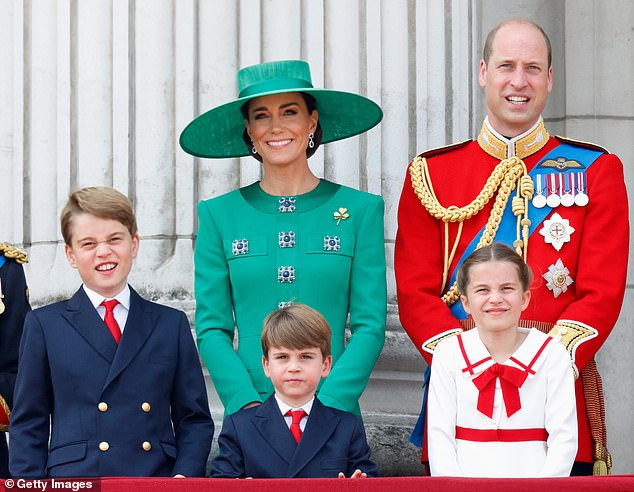 Prince George, Prince Louis, Princess of Wales, Princess Charlotte of Wales and Prince William are photographed at Trooping the Colour in 2023