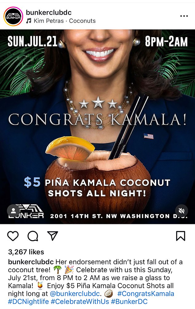 A Washington bar started offering $5 'Pina Kamala' coconut shots all night after Joe Biden withdrew from the presidential race on Sunday