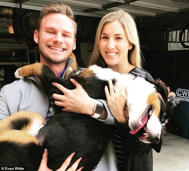 Evan White is pictured above with his fiancée Katie Briggs and their dog Lola. The couple were dating when Evan was diagnosed with cancer and became engaged when his condition stabilized. However, he passed away after battling the disease for four years