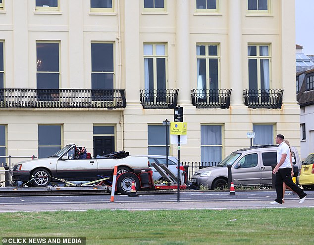 Kieran is filmed walking next to the car driven by Matt - but the star is not on set at the time