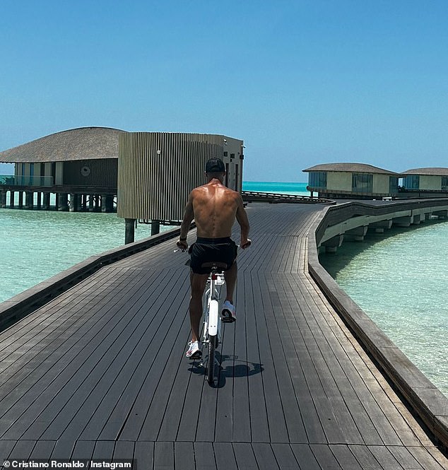 The attacker was also seen shirtless enjoying a luxury bike ride around the picturesque hotel