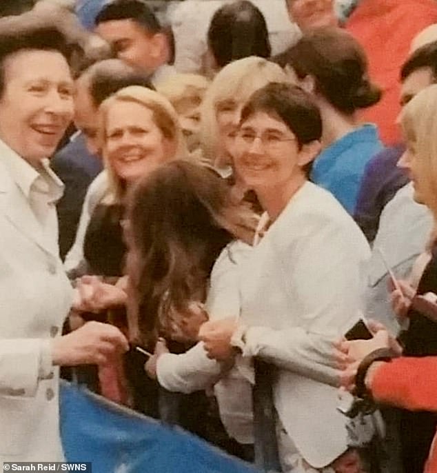 The former caregiver also showed off the secret weapon to her youthful appearance: she wore no makeup (Sarah pictured meeting Princess Anne a few years ago)