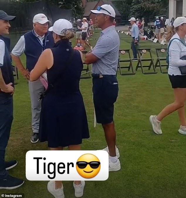 The 48-year-old Woods chatted with a few spectators between holes, as seen on Instagram