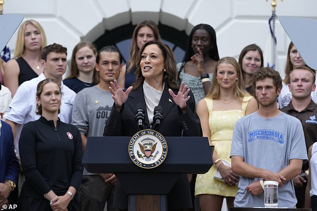 Vice President Kamala Harris appeared at the White House Monday morning for an event with college athletes. She used the occasion to pay tribute to President Joe Biden