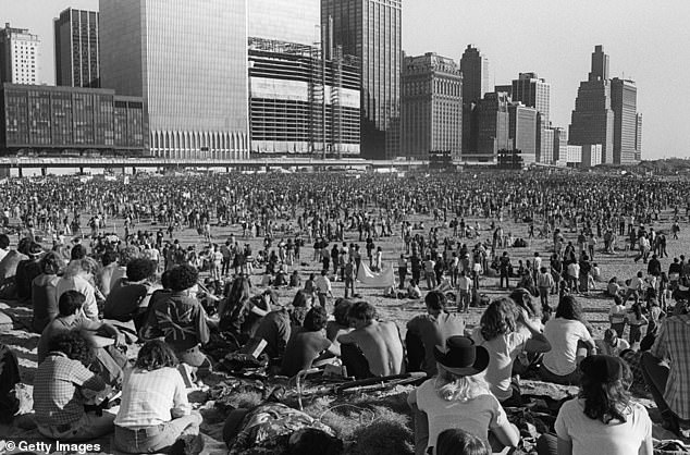 A black-and-white photo from September 23, 1979 shows the beach being used for a demonstration and concert against nuclear energy.