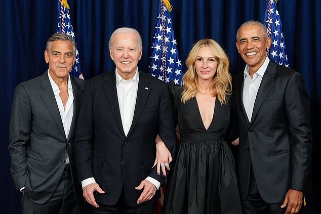 Clooney pictured here at his $28 million fundraiser in June with Biden, Julia Roberts and former President Barack Obama