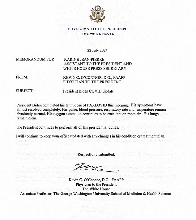 White House physician Kevin O'Connor released a letter Monday with the latest update on Biden's medical condition, claiming that 