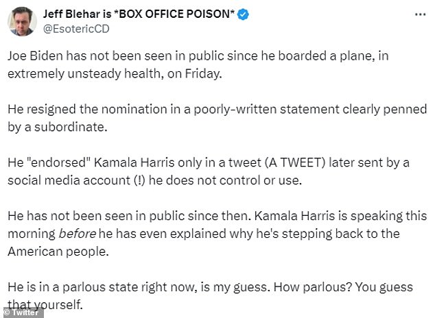 National Reviews writer and podcast host Jeff Blehar also shared his skepticism about the way Biden ended his campaign on Sunday