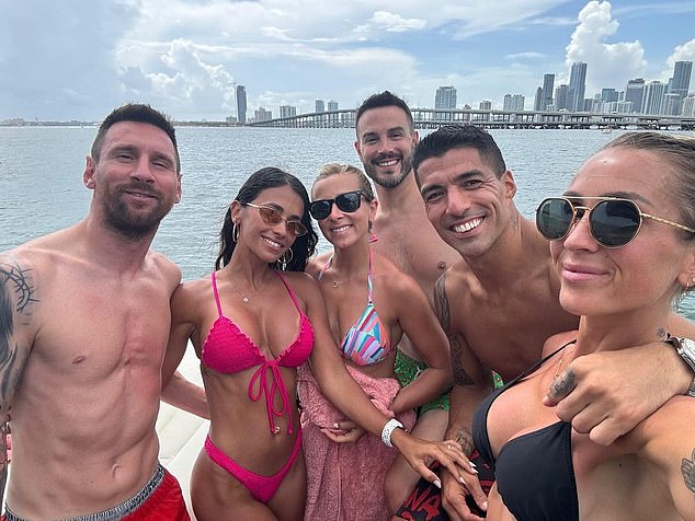 The couple left with Luis Suarez (second from right) and his teammate's wife Sofia (right), as well as her sister-in-law Mariana (third from left) and partner (third from right).