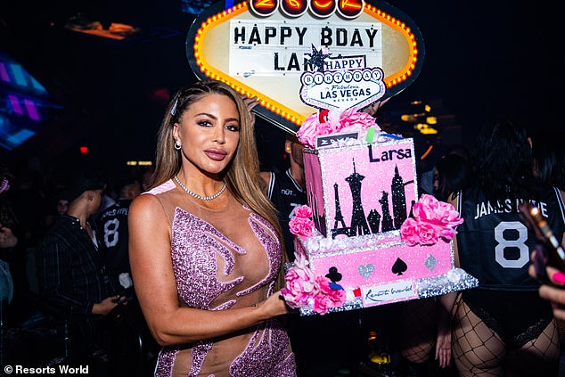 The TV personality kicked off the celebration with a sparkling pink birthday cake decorated in black with the Vegas skyline and various clovers, hearts, spades and diamonds