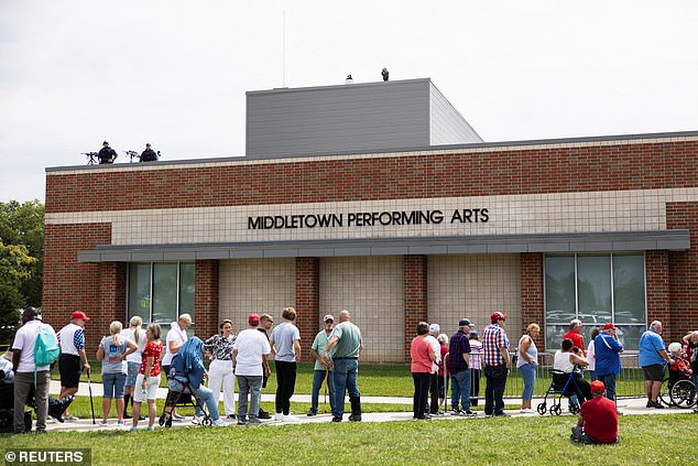 Supporters line up for Republican vice presidential candidate Sen. J.D. Vance's (R-OH) rally at Middletown High School in his hometown of Middletown, Ohio