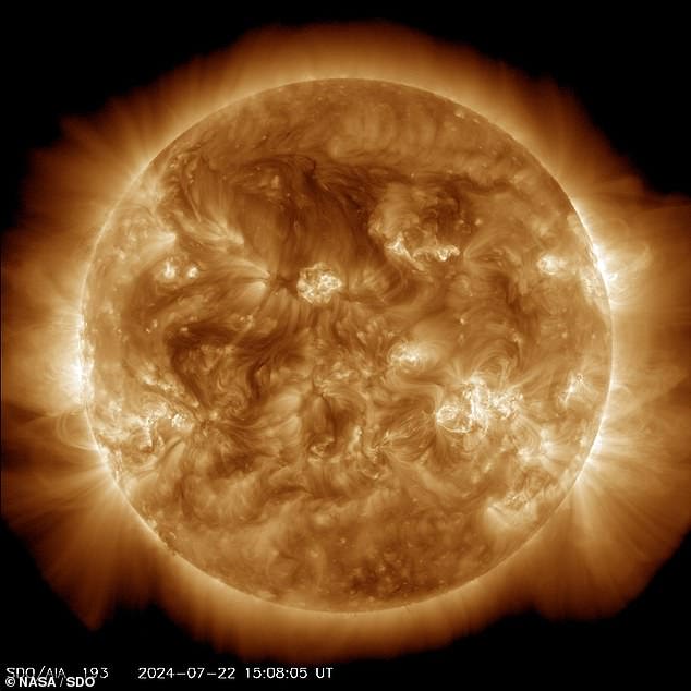 NOAA also advised that there is a 60 percent chance of more moderate or M-class solar flares within the next 24 hours — and a 15 percent chance of a more extreme X-class flare, which could cause radio blackouts around the world. Above, an AIA image of the sun from July 22