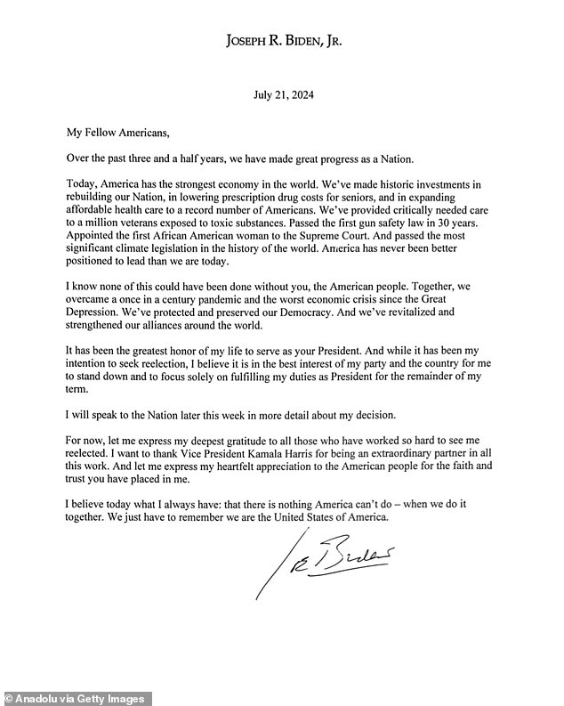 Biden announced his historic decision to step aside in a one-page letter he sent to X, promising to finish his term, but he only fully endorsed Vice President Kamala Harris as his replacement in a follow-up social media post.