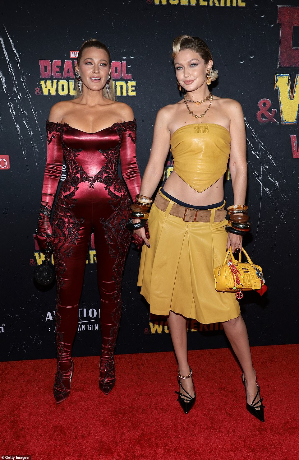 For the Deadpool & Wolverine premiere in New York City, the 36-year-old actress wore a form-fitting, off-the-shoulder jumpsuit as she posed alongside her 29-year-old supermodel girlfriend Gigi Hadid.