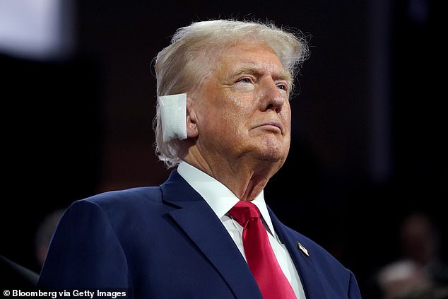 Former U.S. President Donald Trump during the Republican National Convention (RNC) at the Fiserv Forum in Milwaukee, Wisconsin, U.S., on Monday, July 15, 2024