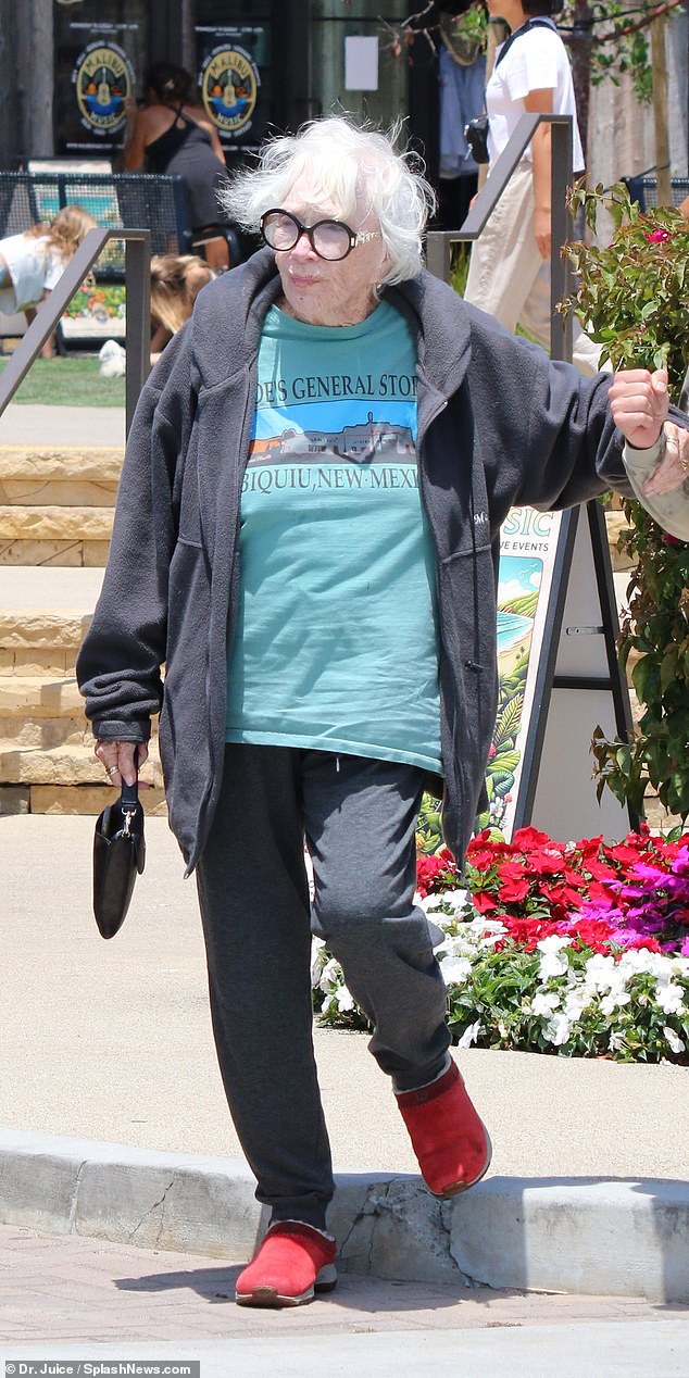 The Oscar-winning actress wore a gray zip-up hoodie over a light blue shirt with an image of a general store in New Mexico