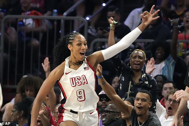 Team USA's A'ja Wilson celebrates her 3-point goal against Team WNBA