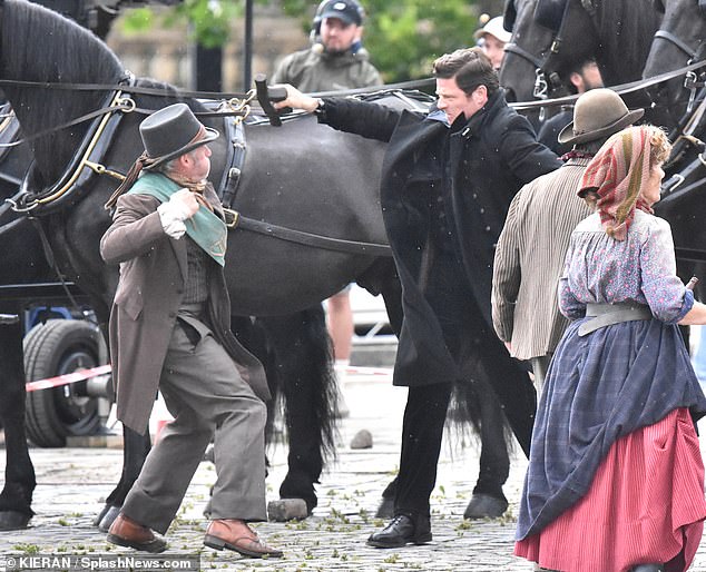 The 39-year-old Happy Valley actor appeared to play a villain in the new Netflix series as he filmed scenes on the street