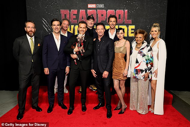 Matthew Macfadyen, Rob Delaney, Louis D'Esposito, co-president, Marvel Studios, Ryan Reynolds, Peggy the Dog, Kevin Feige, president, Marvel Studios, Hugh Jackman, Shawn Levy, Emma Corrin, Leslie Uggams and Wendy Jacobson