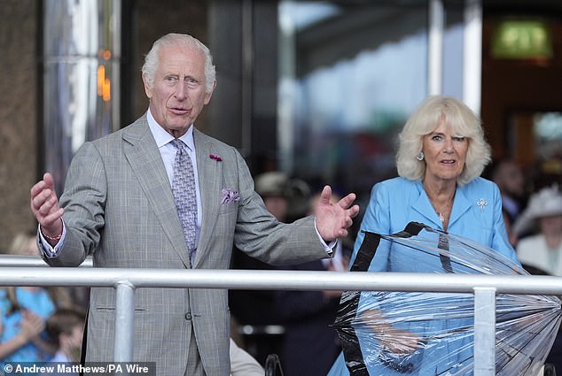 A gift from the grandkids? During his trip to the Channel Islands last week, King Charles was also spotted wearing a handmade bracelet on his right wrist (pictured left)