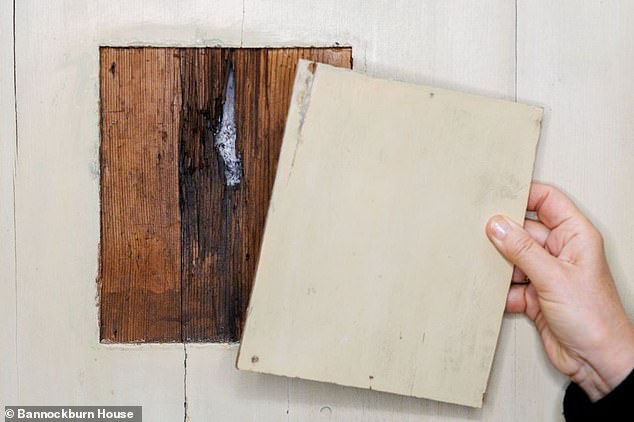 A musket ball hole (pictured) has been discovered between the delicate plasterwork and old wooden panelling - evidence of the assassination attempt, experts say