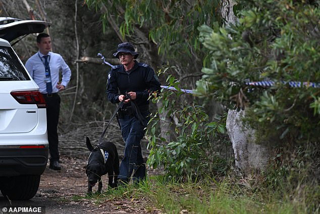 The bodies were found near a roadside fence in regional NSW (pictured are police searching for the bodies of Mr Baird and Mr Davies)