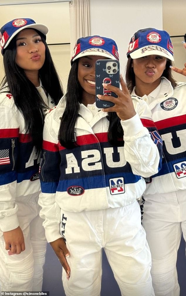 She later showed off Team USA's Ralph Lauren gear with Sunisa Less (left) and Jordan Chiles