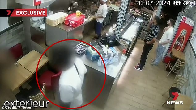 A 25-year-old woman sought refuge in a kebab shop in Paris after being brutally raped by five men at around 5am. But moments later, one of the woman's (blurred left in the image) alleged rapists (circled) approached her before 'fondling' her